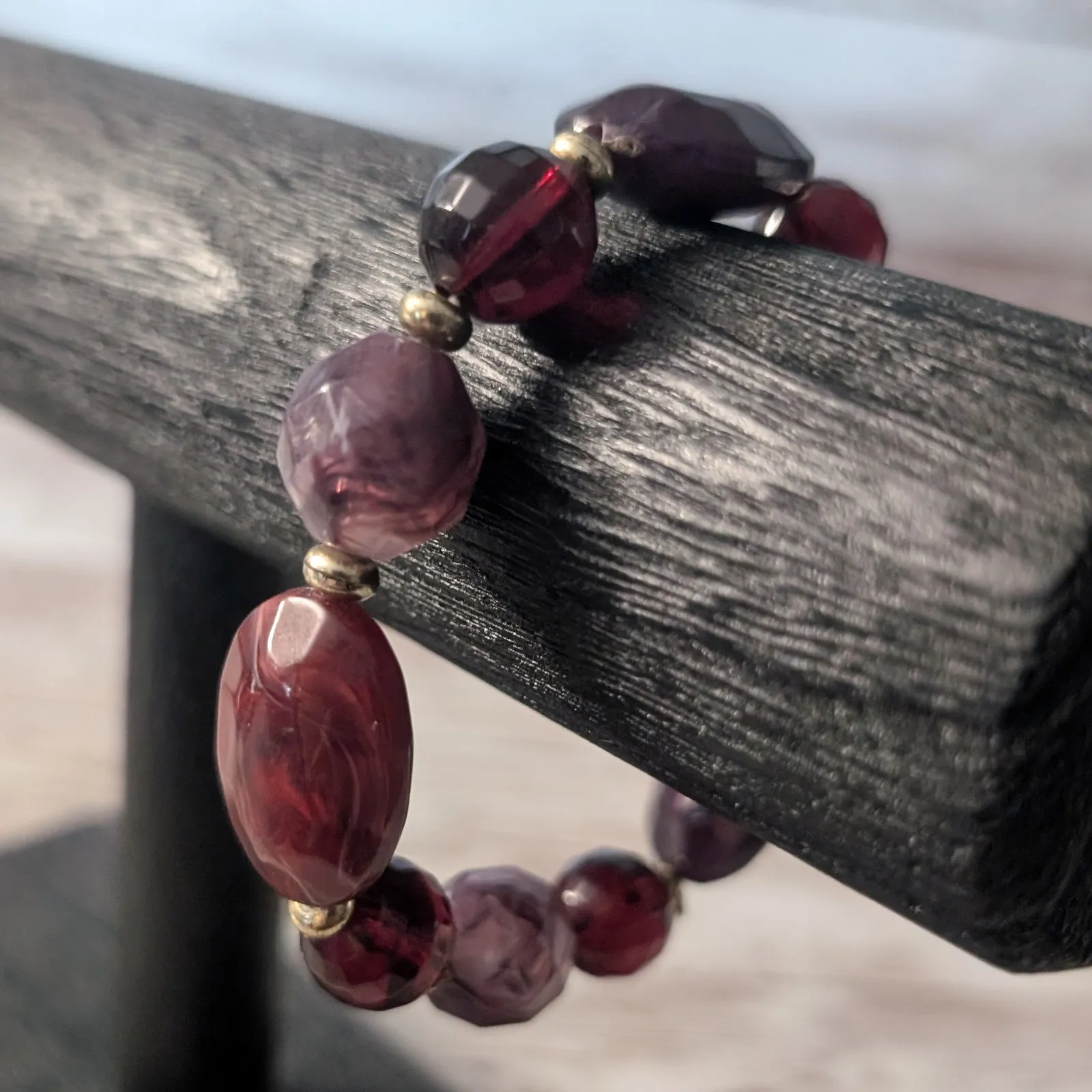 Vintage Stretch Bracelet Chunky Dark Red & Purple Tones - Image 2