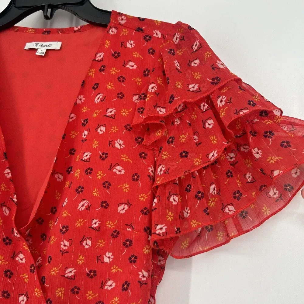 Madewell Red Tiered Sleeve Peplum Top in Metallic Prairie Posies Ruffle Size 4 - Image 4