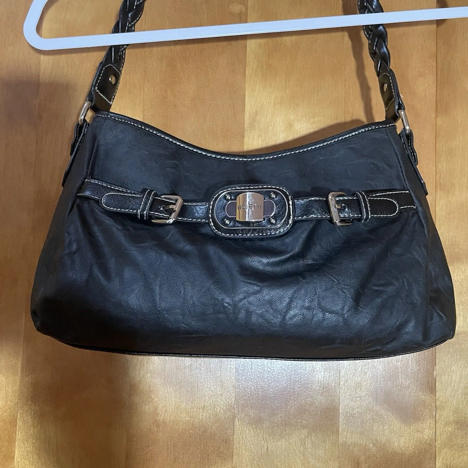 Rosetti Black Faux Leather Shoulder Bag Braided Strap Buckle Hardware Y2K Edgy - Image 4