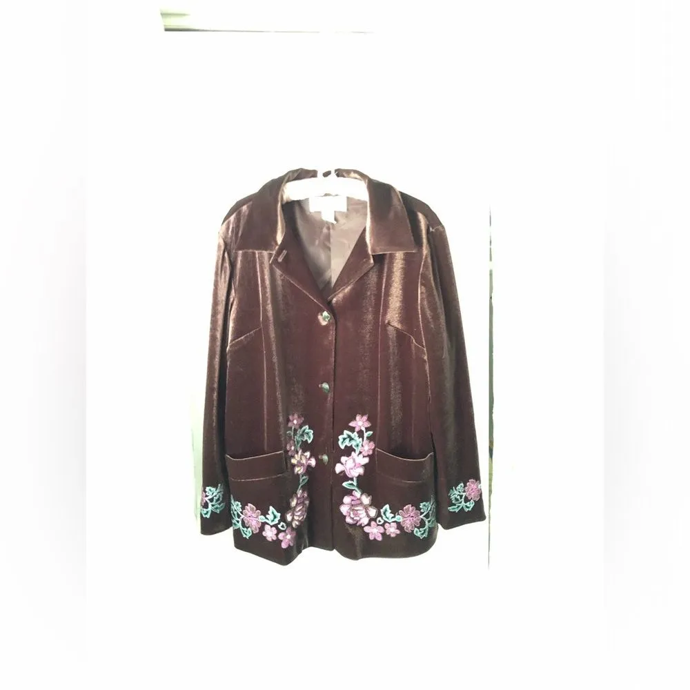 VERY VERANESI Brown Velvet Embroidery Blazer Jacket Women 18W Boho Hippie Retro - Image 2