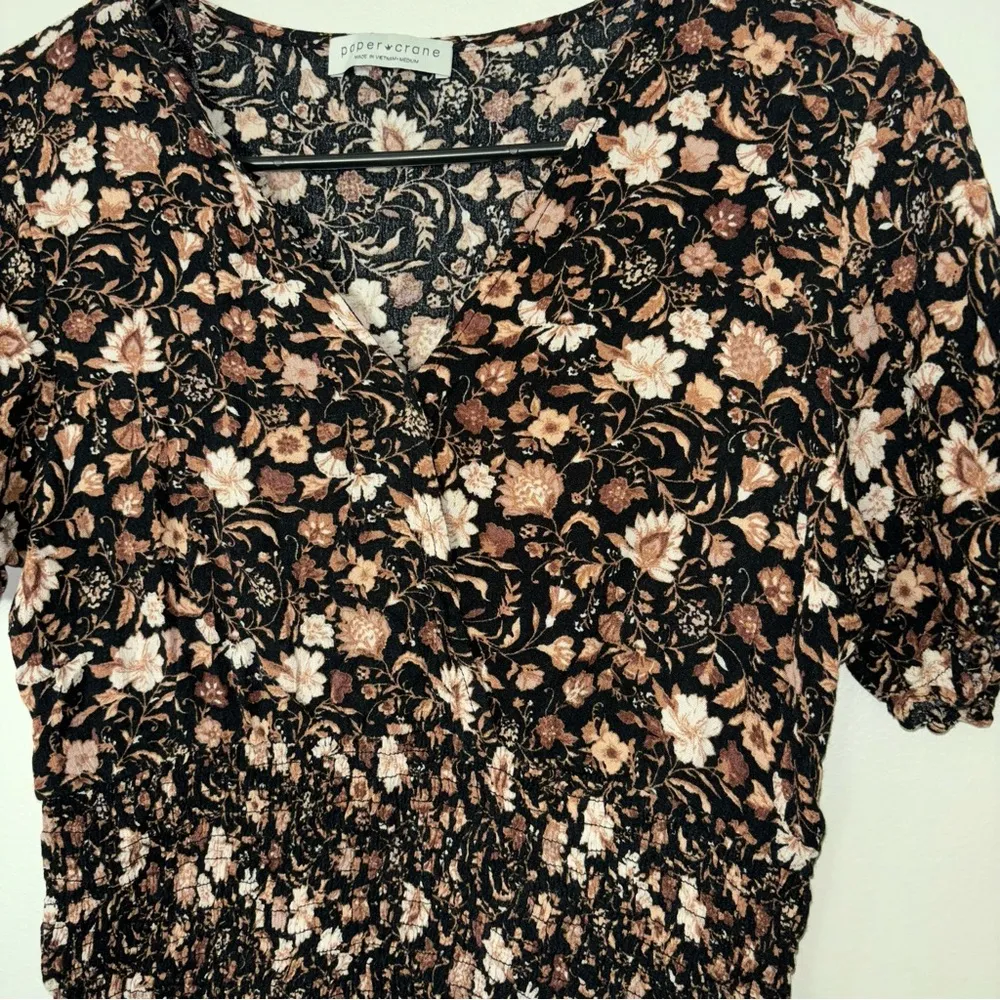 Paper Crane Black and Brown Ruched Ruffled Blouse - Image 2