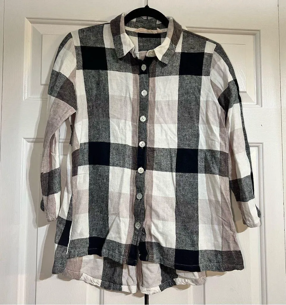 Soft Surroundings Carreaux Linen Blend Black Plaid Blouse Top Zipper Back Small - Image 1