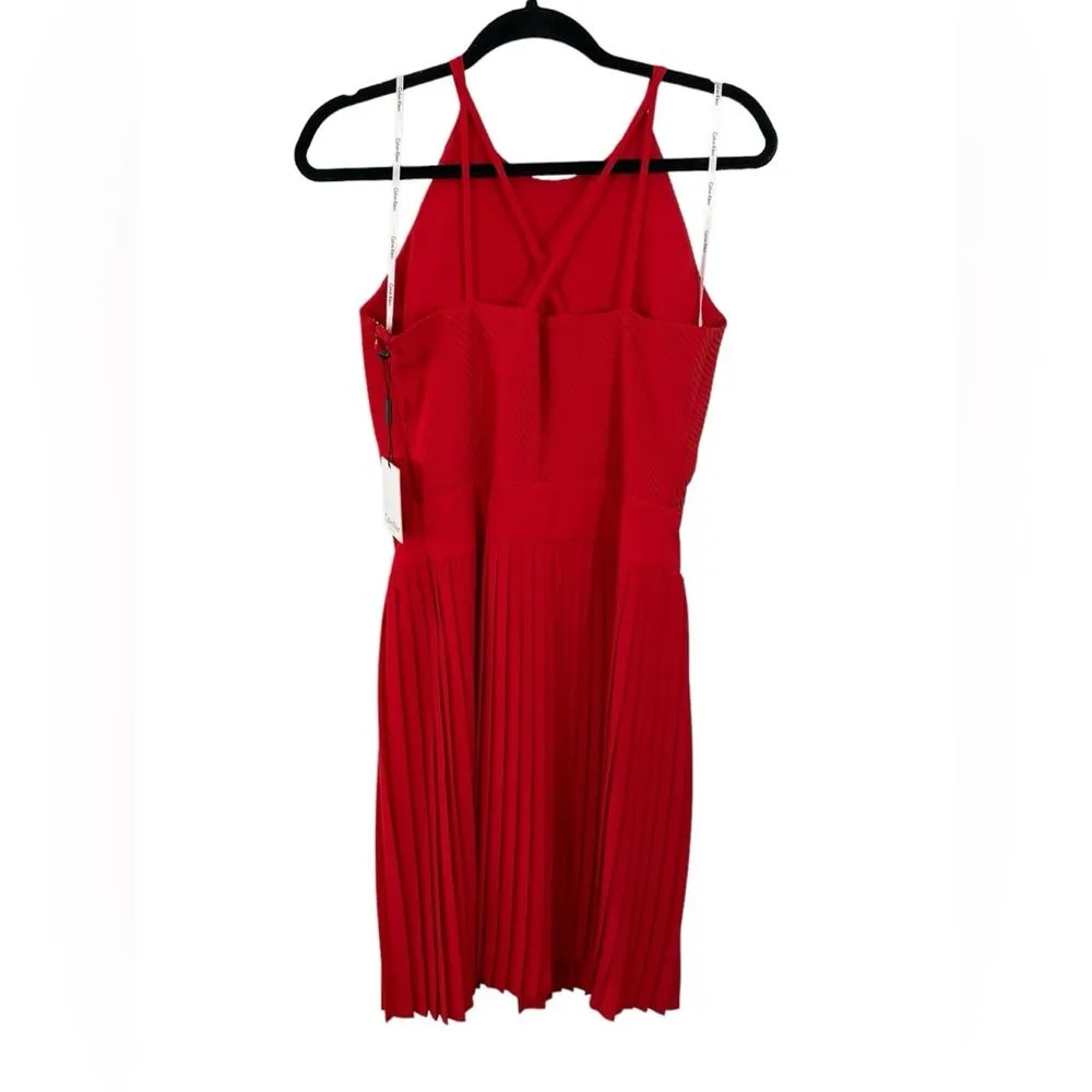 NWT Calvin Klein Pleated Halter‎ Dress in Poppy Red Size 6 Criss Cross Back - Image 2