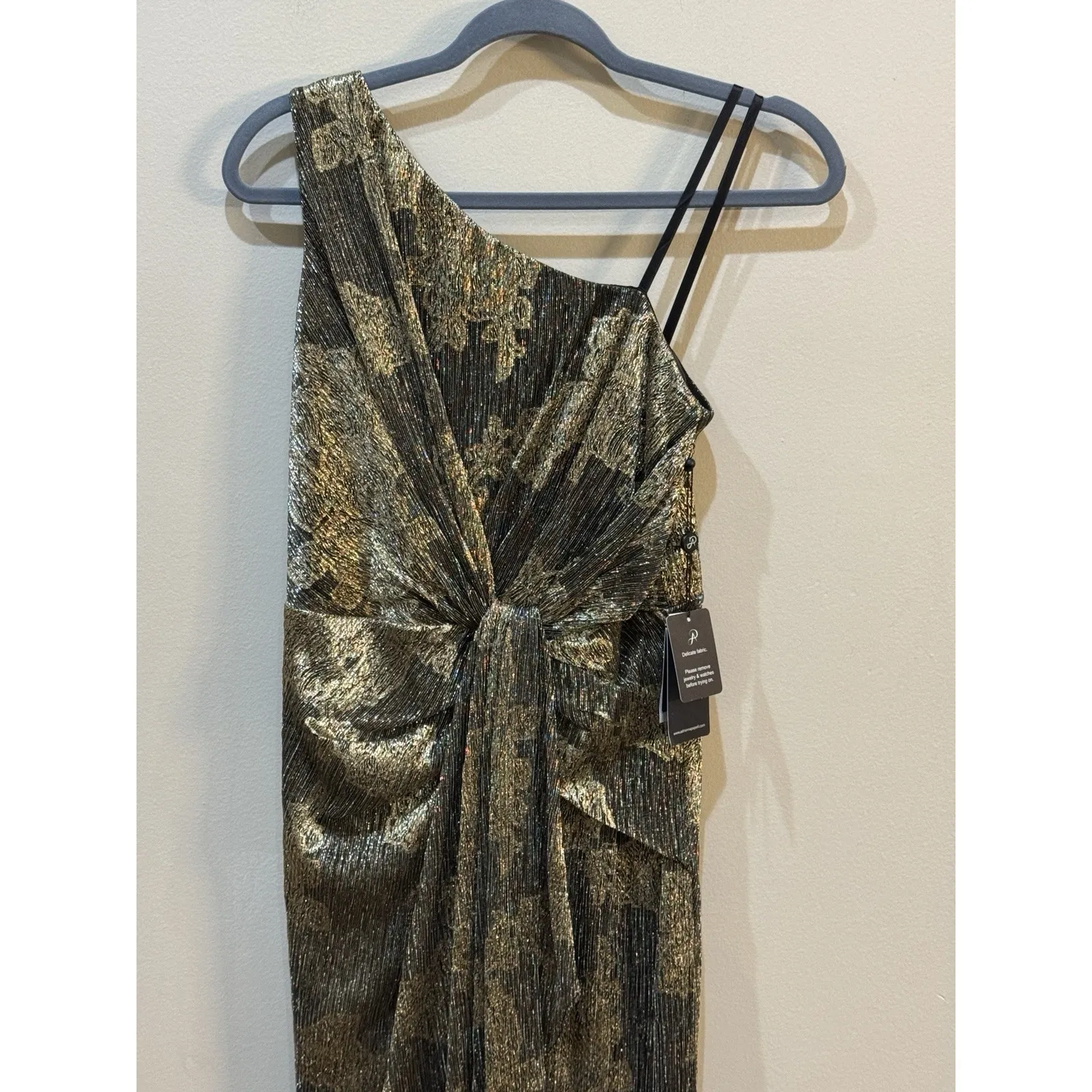 Adrianna Papell One‎ Shoulder Metallic Gown Size 2 Gold Black Prom Gala MOB - Image 4