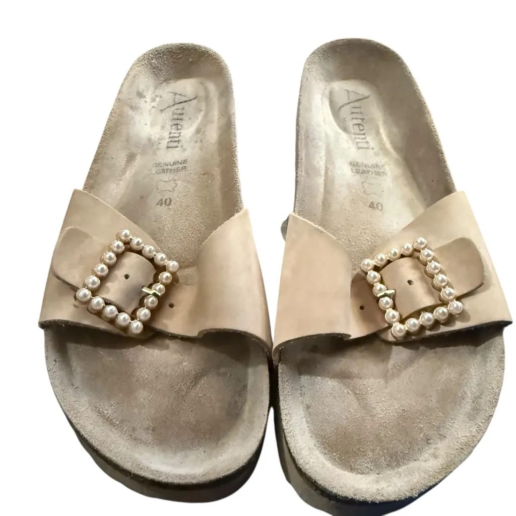 Autenti Pearl Buckle Sandals in Cream beige pearl clasp slip slides Spain made Tan Size 9 - Image 5