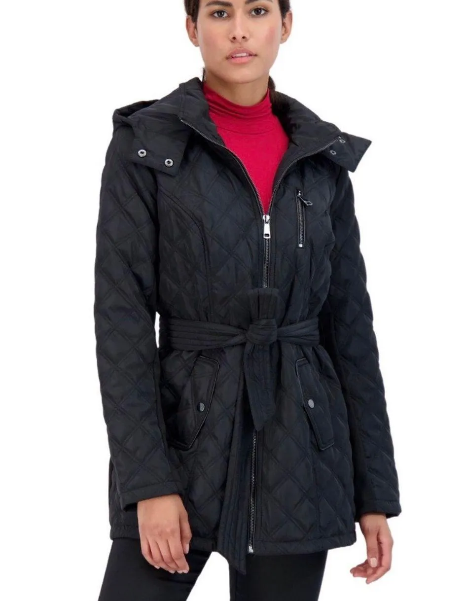 black quilted zipper hood belted jacket NWT - Image 2