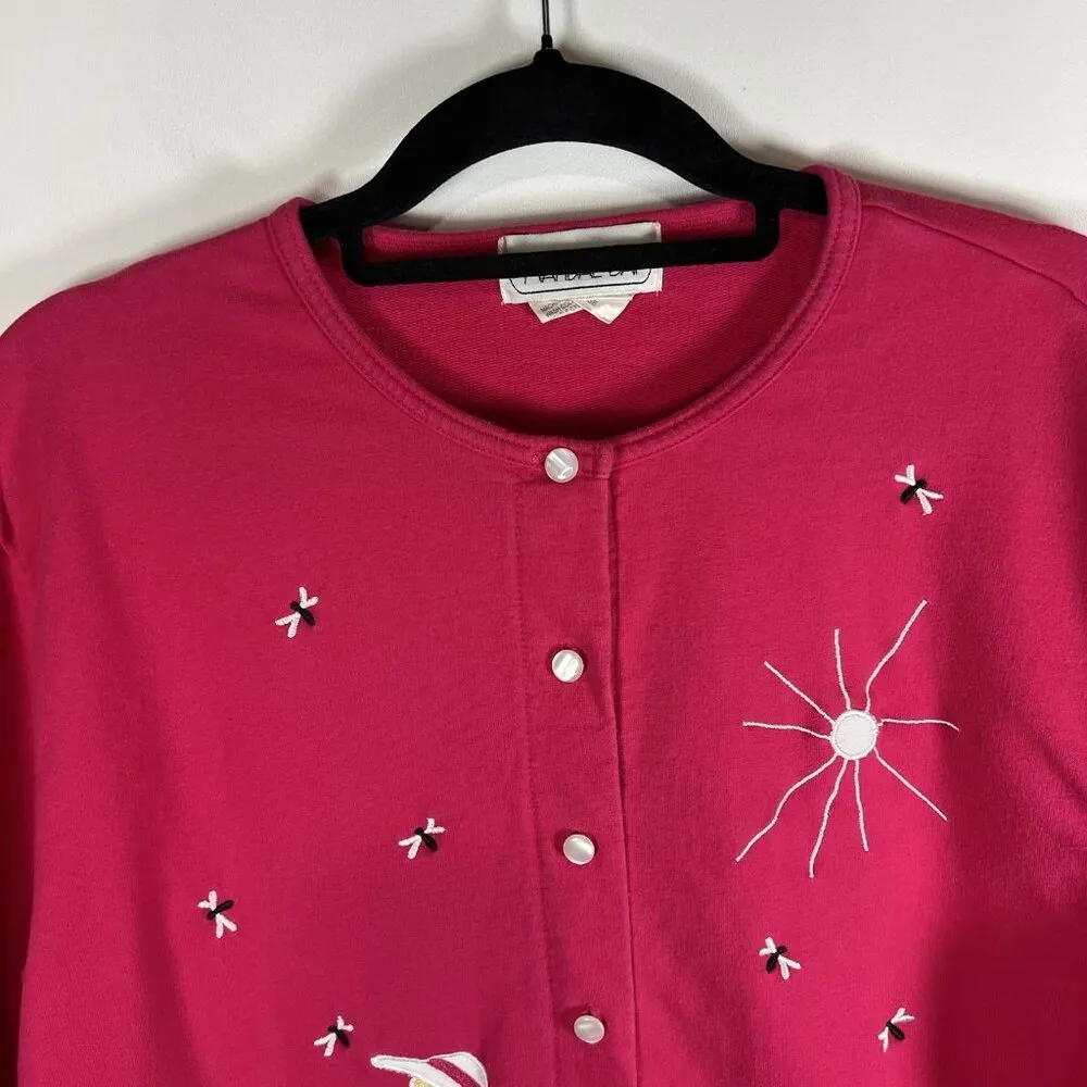 Mandala Bay Top Womens XL Hot Pink Novelty Gardener Dragonflie Tulips Garden Art - Image 2