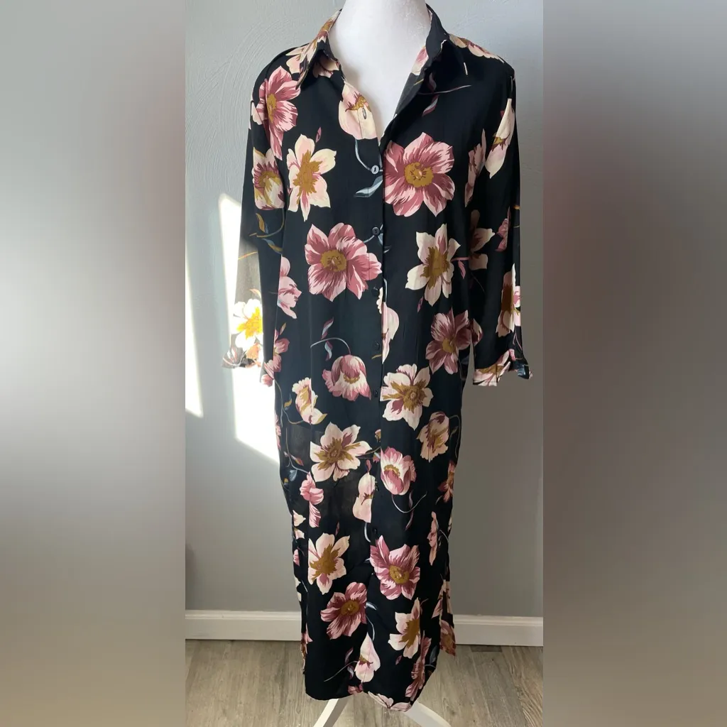 Lulus Mary Anne Black Floral Print Midi Shirt Dress - Image 3