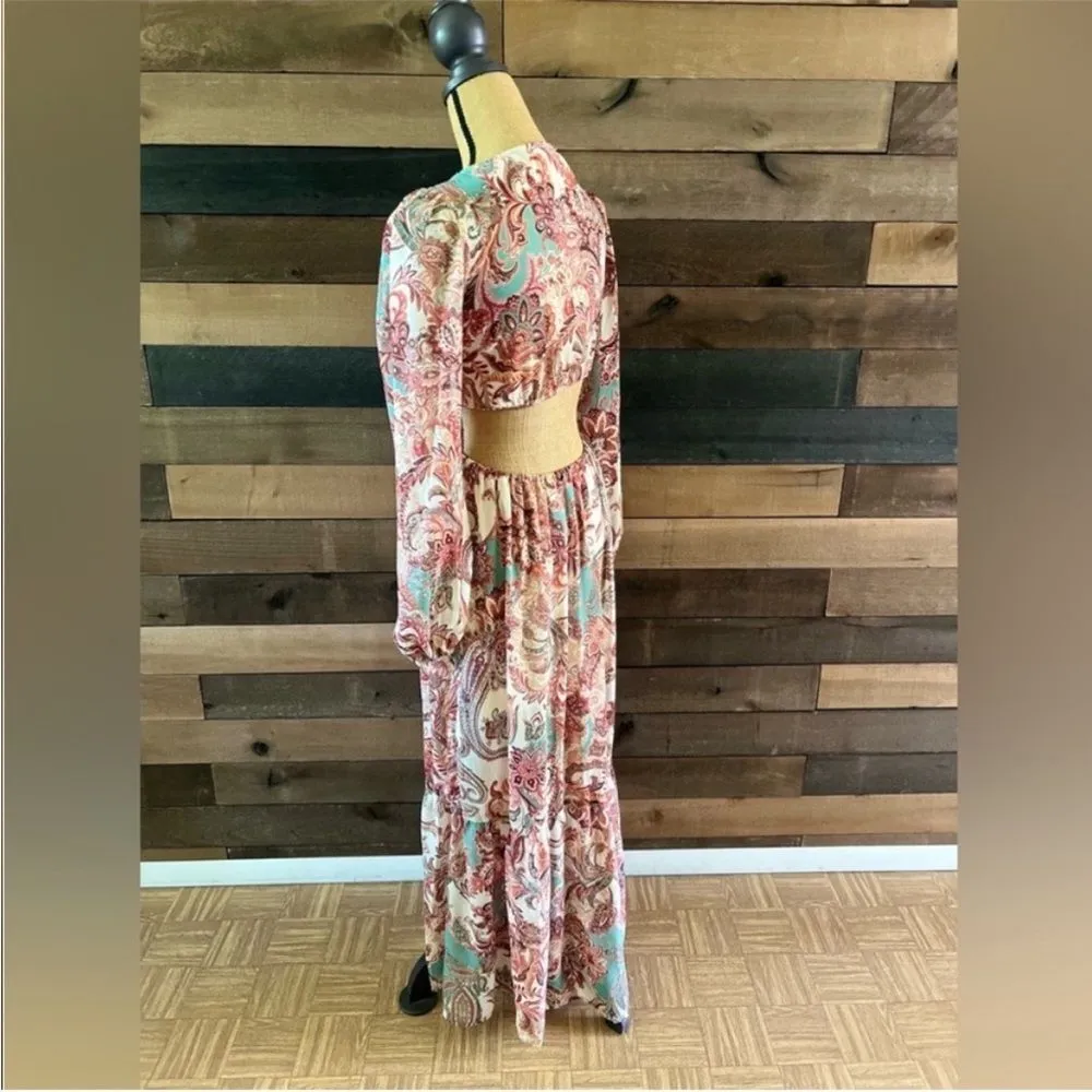 Jessica Simpson Long Bubble Sleeve Cut Out Sides Paisley Maxi Dress - Image 6