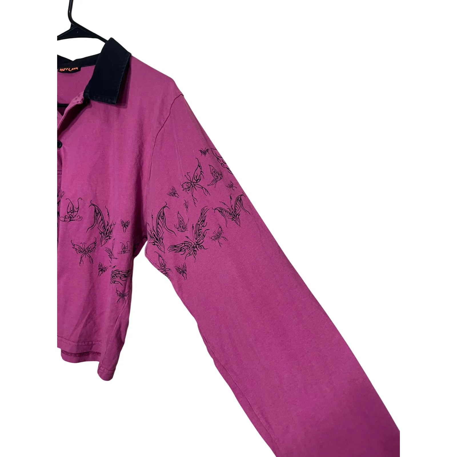 Hot‎ Lava Crop Rugby Top Purple Long Sleeve Butterfly Print Polo Shirt M Size M - Image 5