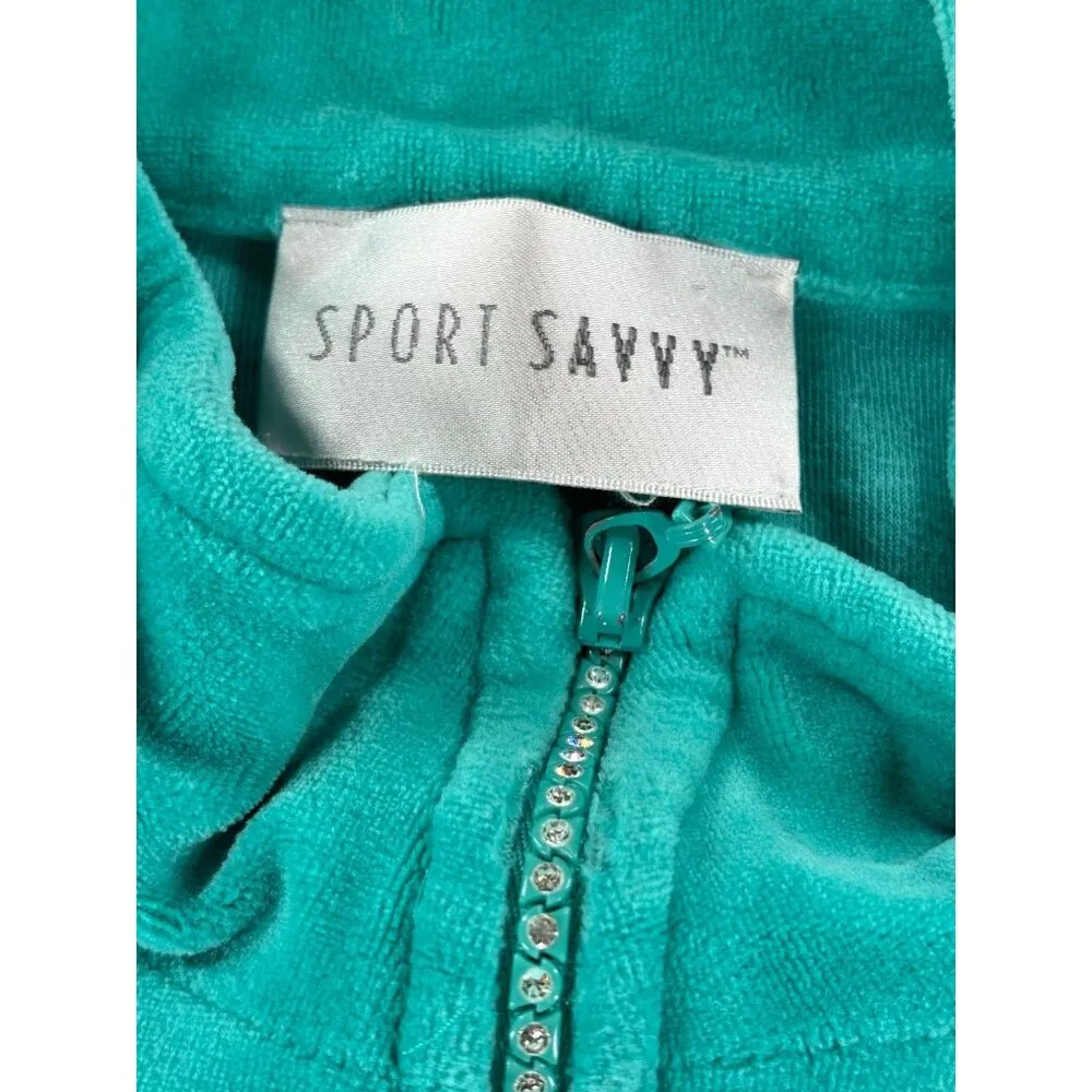 Sport Savvy Womens Medium Petite Teal Velour Tracksuit With Rhinestone Zippers - Image 3