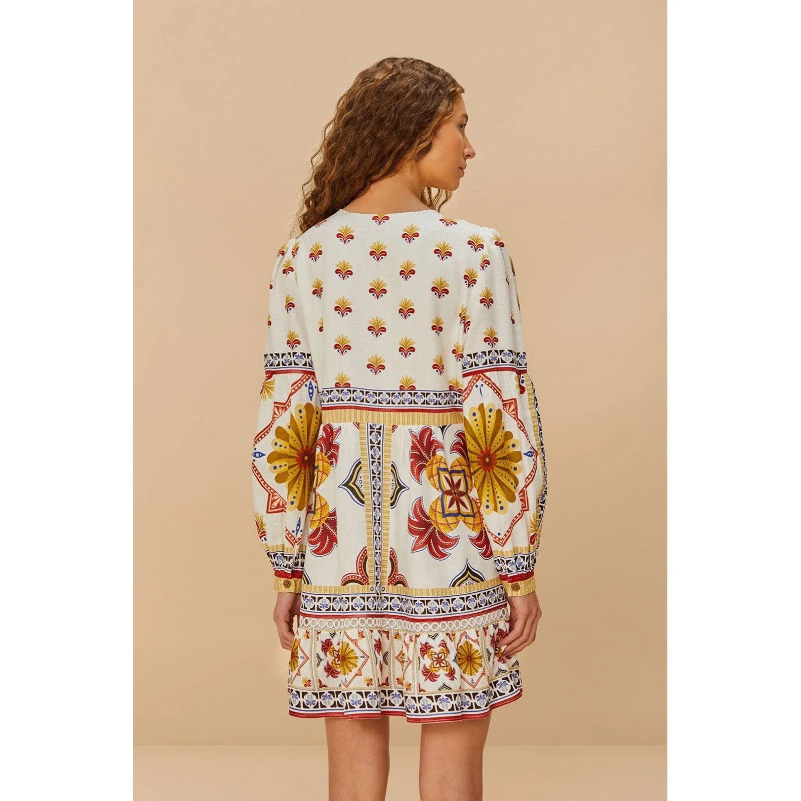 NWT FARM RIO Off-White Marys Tiles Linen Mini Dress Medium Tropical Resort Beach - Image 2