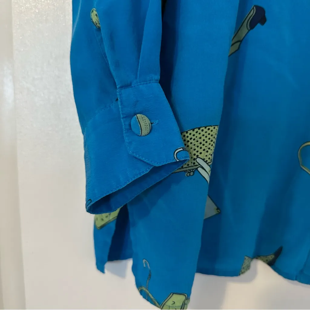 Vintage Silk Novelty Print Button Down Blouse Gloves Shoes Handbags Womens Large Blue - Image 3