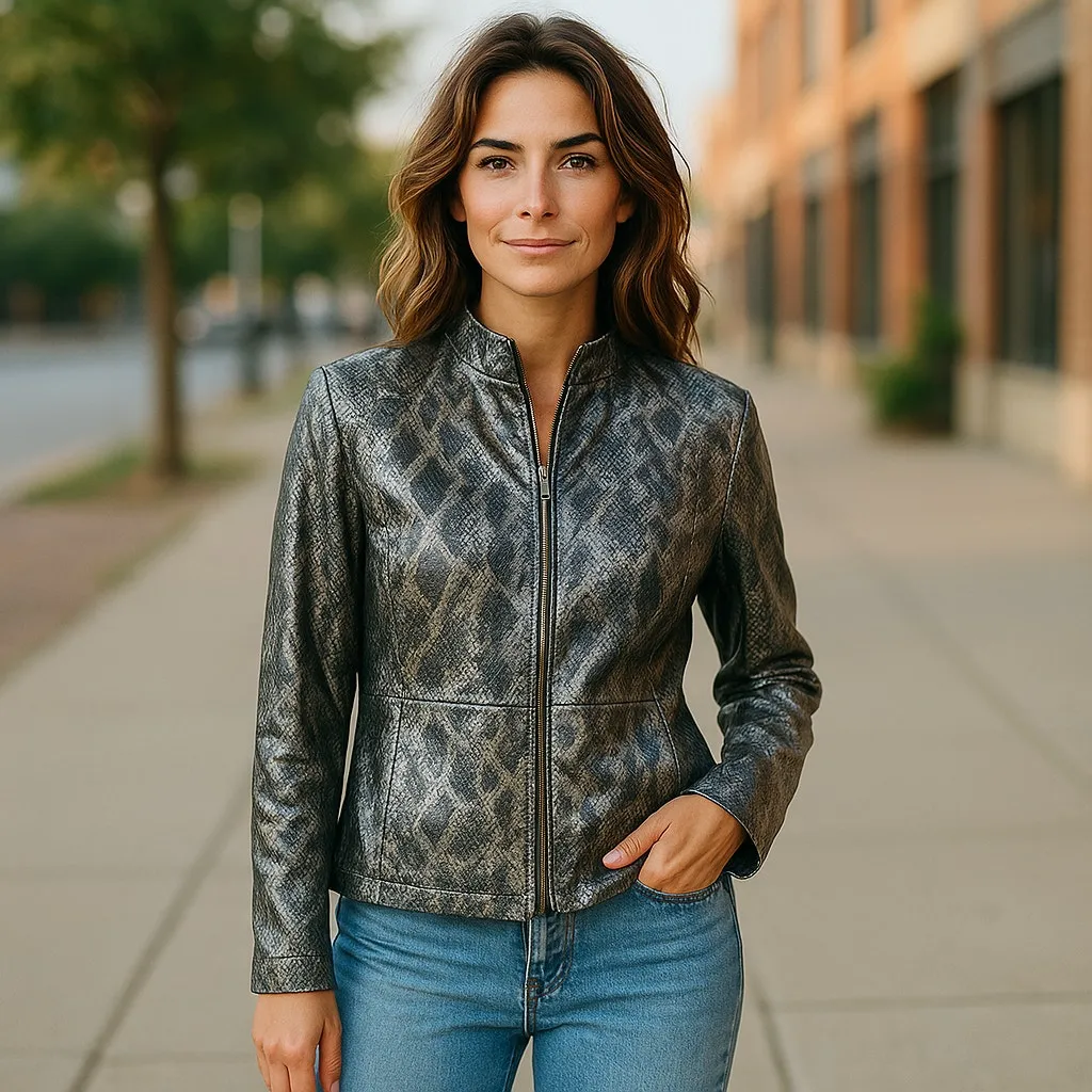 Chico's Womens Jacket Size 1 M 8 Metallic Snakeskin Print Zip Front Gold Black‎ - Image 2