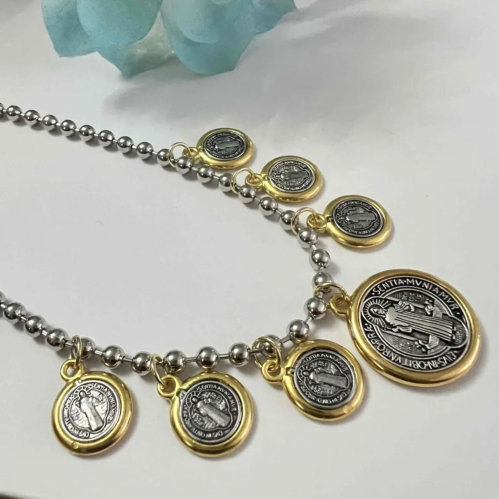 Gold Silver Plated Dangling Coins Necklace Beaded Chain stainless steel jewelry - Image 9