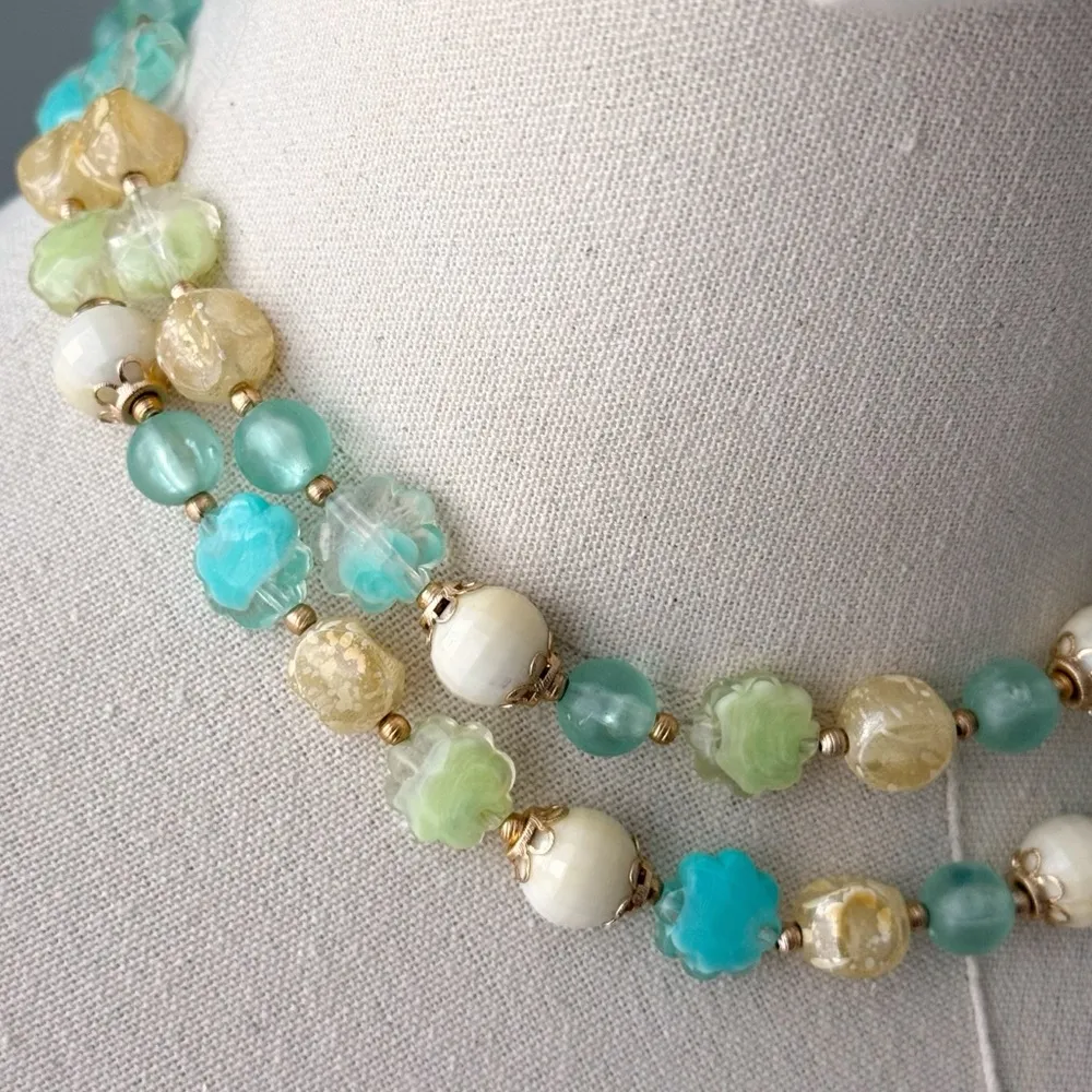 Vintage Aqua Blue Green Beige Beaded Double Layered Estate Short Necklace 20” - Image 2