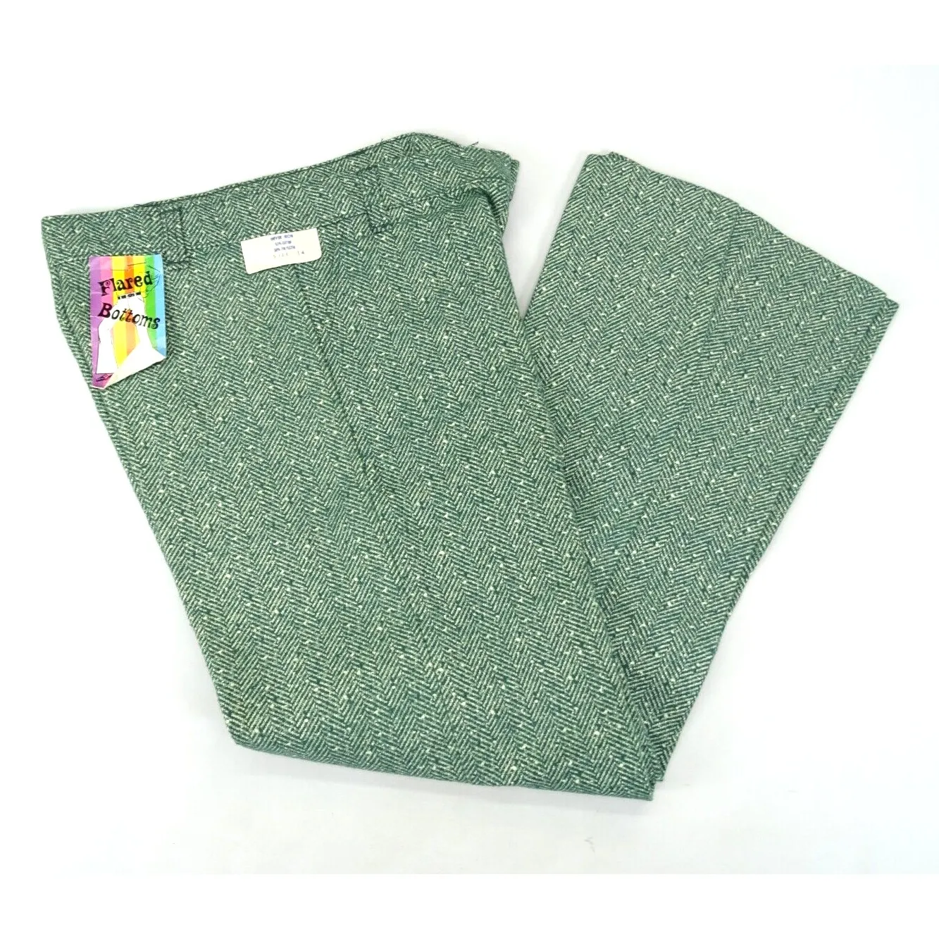 New Vintage Flare Leg Pants Boys Sz 14 26x25 Deadstock 70s USA Plaid Herringbone Green - Image 3