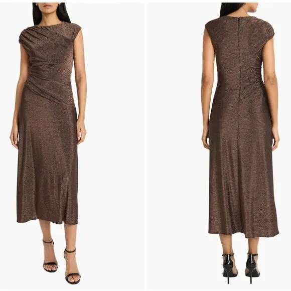 Maggy London Cap Sleeve Metallic Midi Dress Brown Size 14 - Image 2