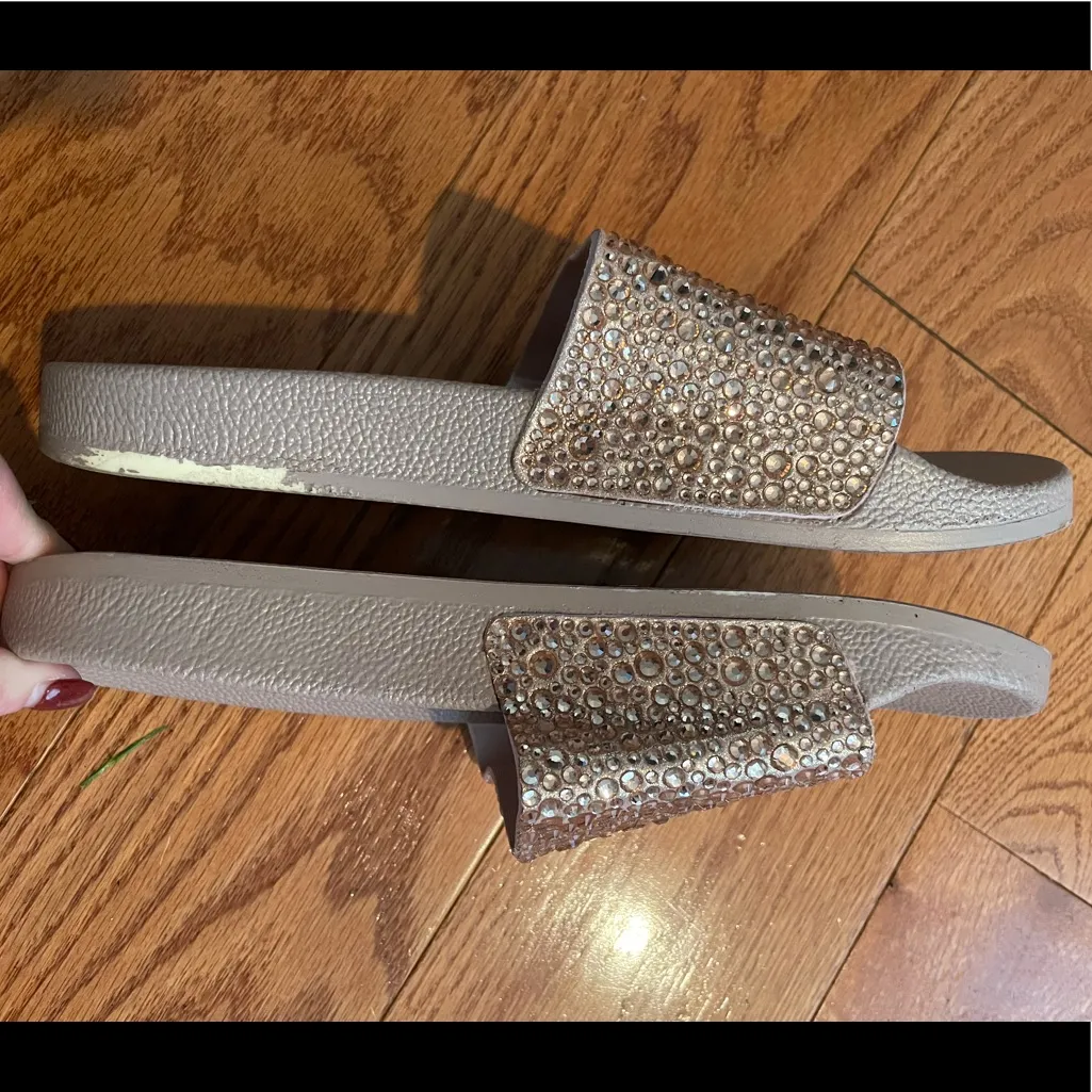 INC Rhinestone Slide Sandals Pink Blush Crystal Embellished Flat Slides Size 9 - Image 2