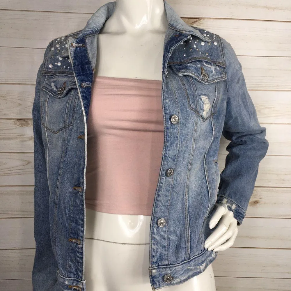 7 for All Mankind Pearl Embellished Distressed Denim Jacket - Image 5