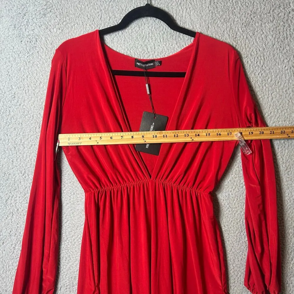 Pretty Little Thing Dress Womens‎ 4 Red Slinky Plunge Split Shift Stretch NEW - Image 4