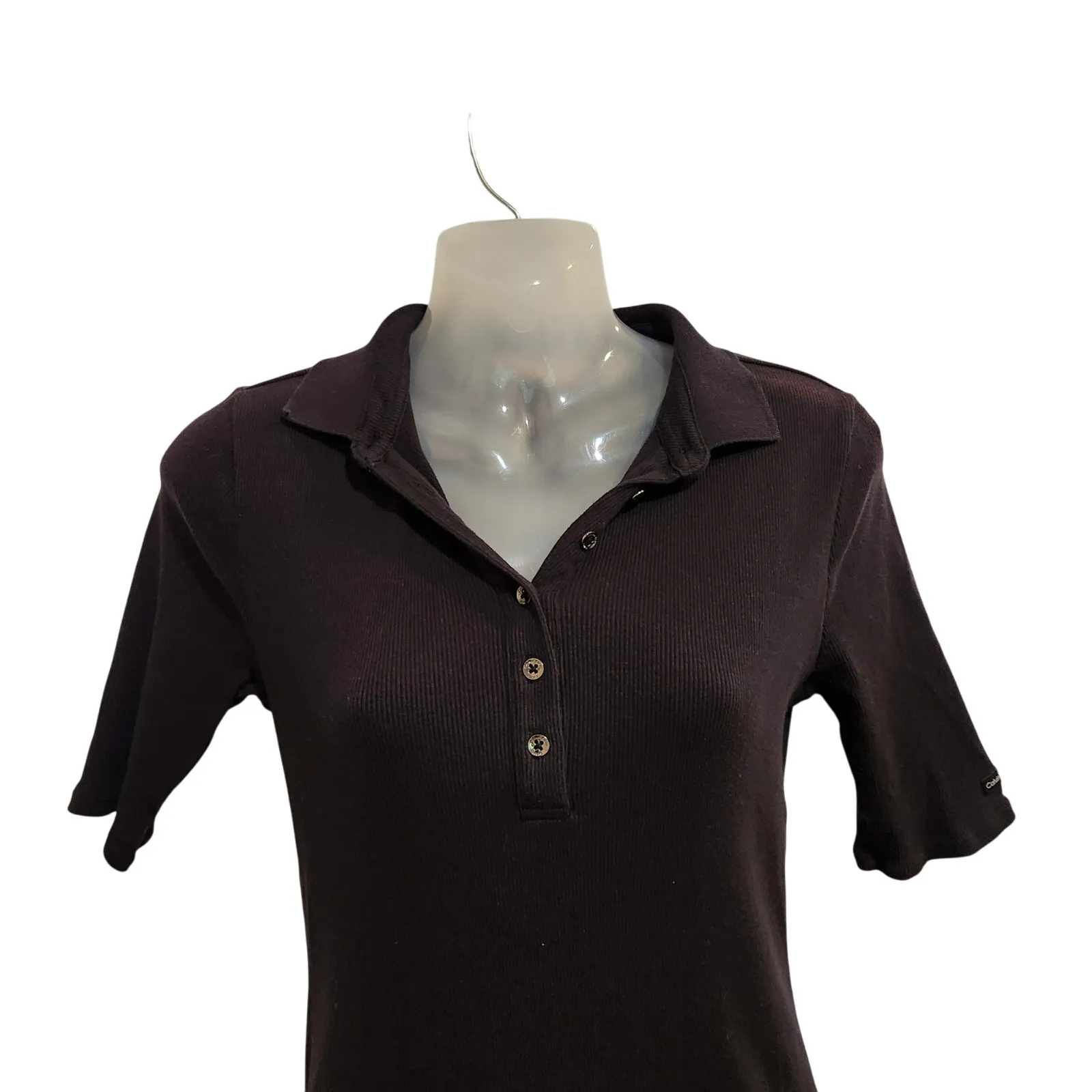 Calvin Klein Black Knit Rib Short Sleeve Ballet Polo Sweater Midi Dress Medium - Image 4