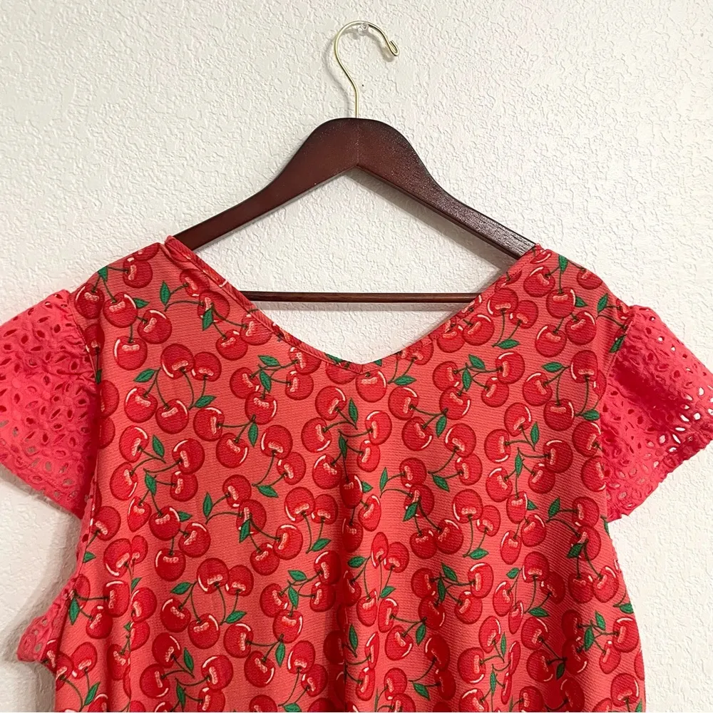 Cato Womens Shirt Blouse Red Pink Cherry Print Eyelet Sleeves Ruched Size 26/28 - Image 4