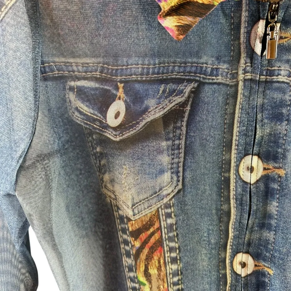 Damee Sheer Trompe L’Oeil Jean Jacket with Wired Collar – Women’s Size Large Blue - Image 4