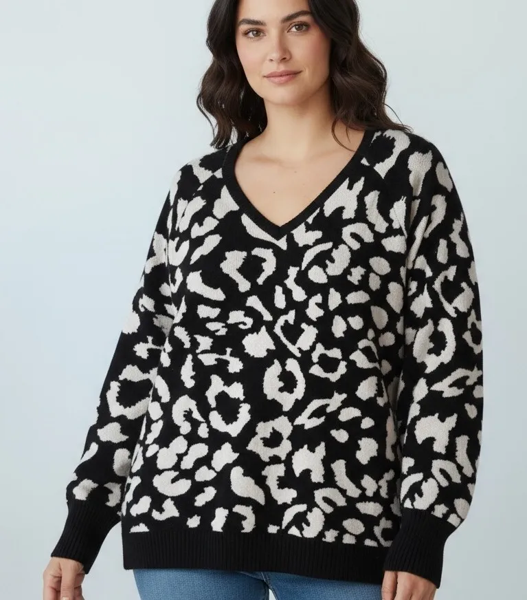 Philosophy Woman Leopard Print V Neck Sweater 2X Black White Viscose Blend - Image 1