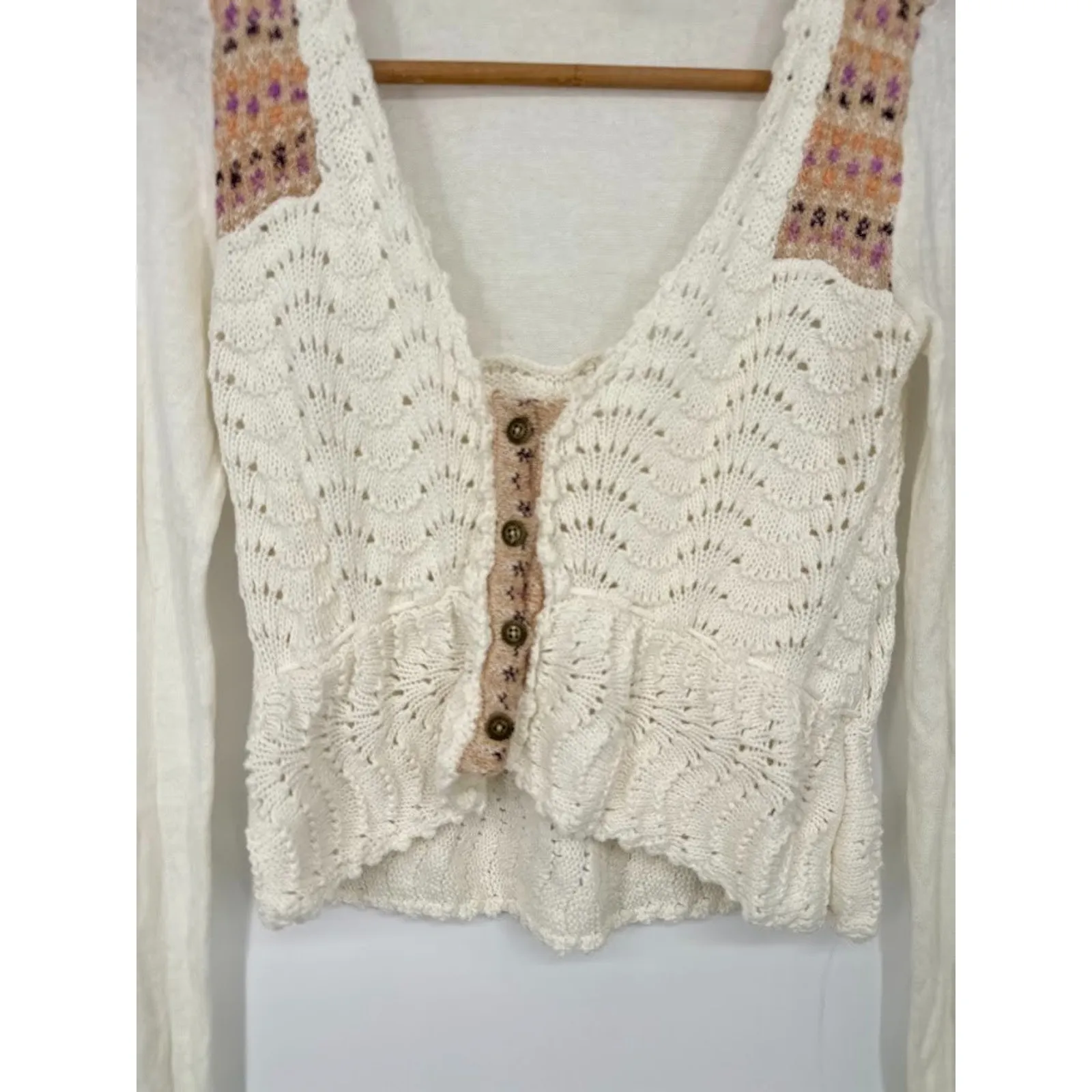 Free People Cream Crochet Knit Button Sweater Cardigan XS Boho Earthy Hippie - Image 2