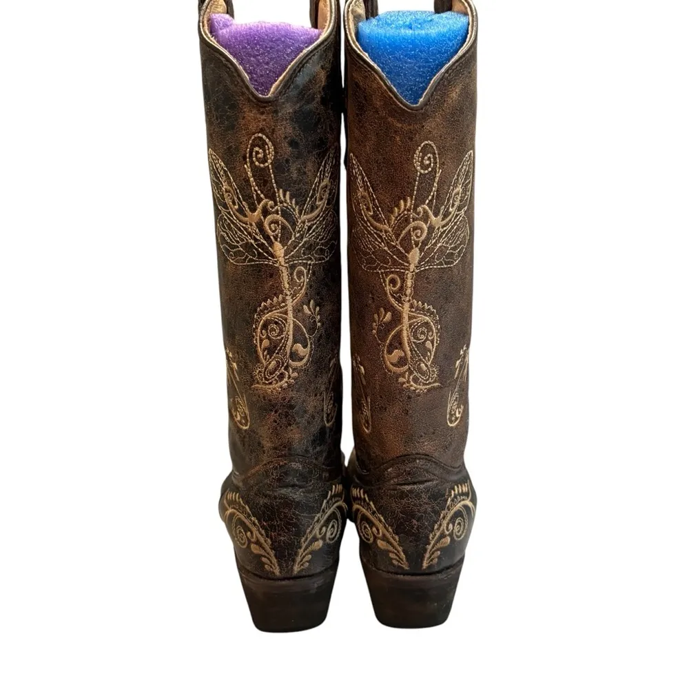Circle G Distressed  Bone Dragonfly Embroidered Snip Toe Boots, Sz 10.5 - Image 13
