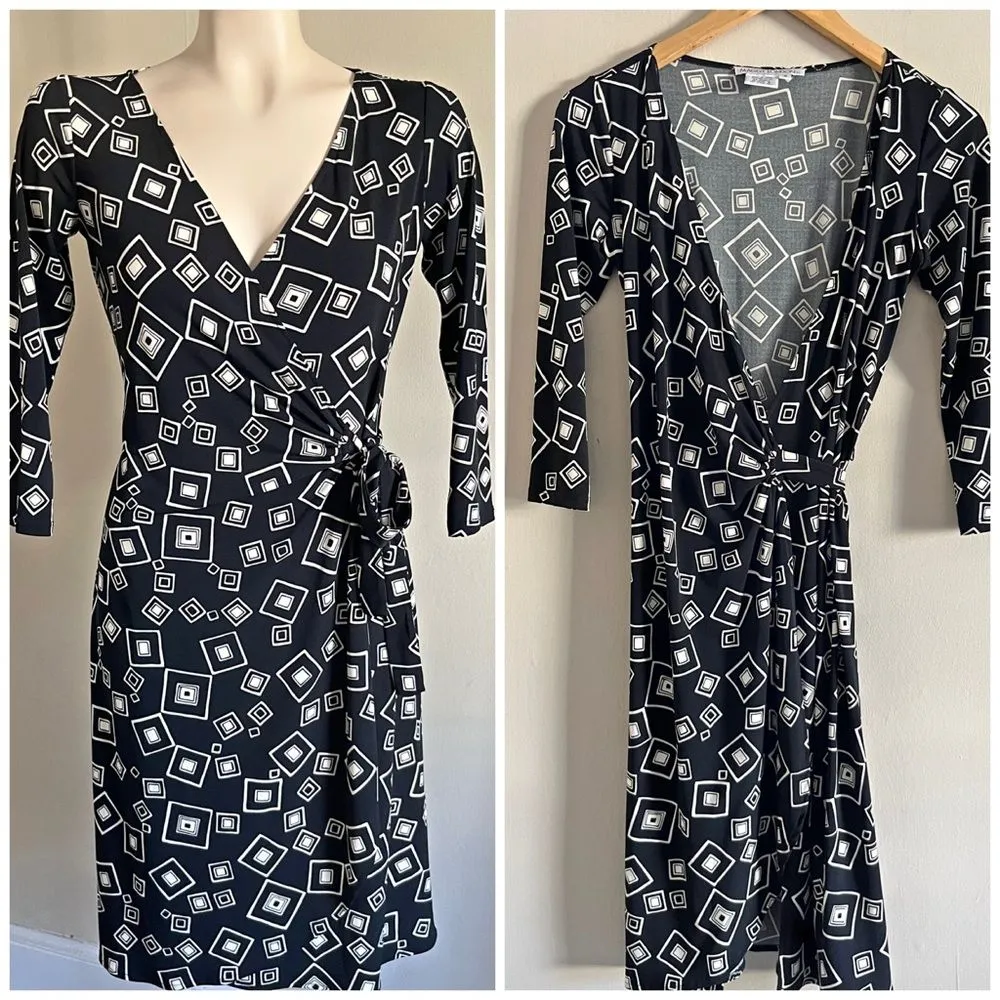 Vintage 90s Maggy London Black Geo Print True Wrap Dress Size 4 - Image 2