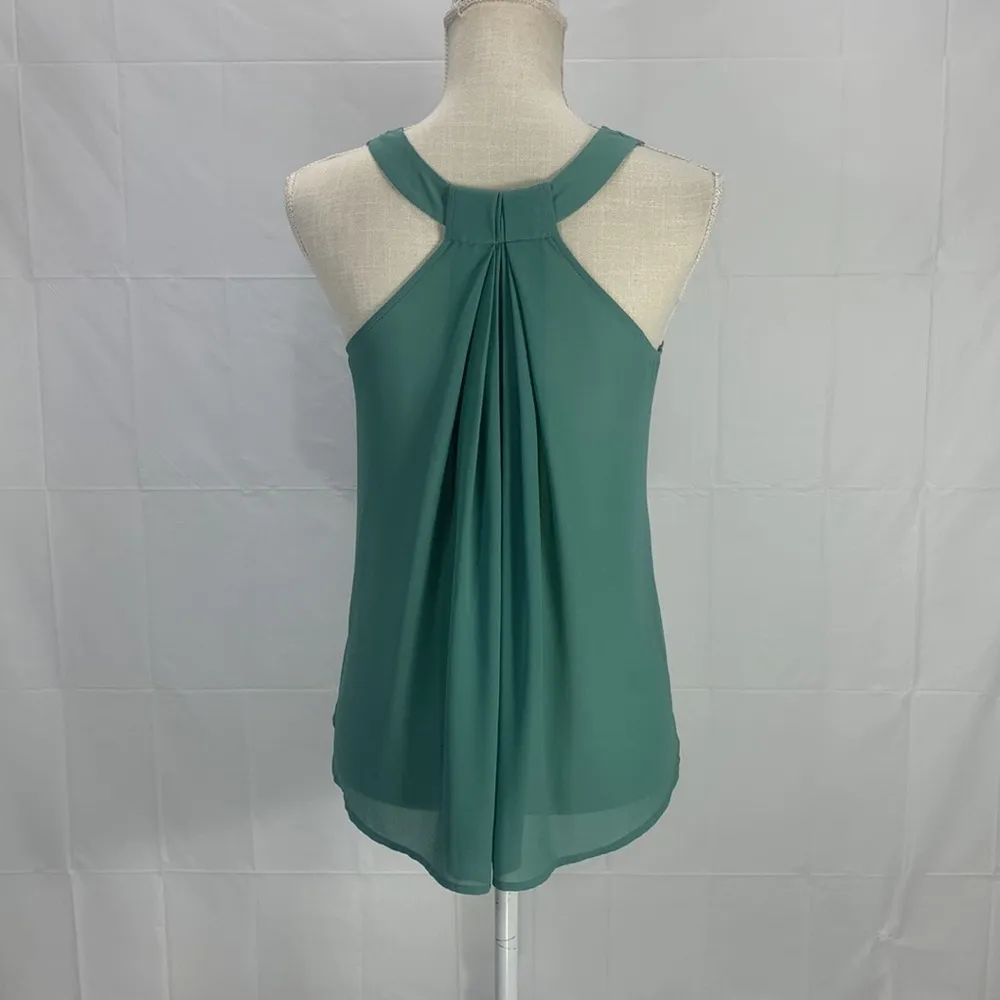 Chiffon Pleated Back Sage Green Studded Sleeveless Blouse Tank Small - Image 8