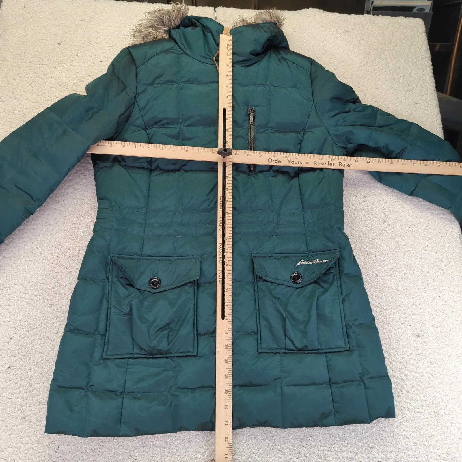 Eddie Bauer Womens Green Quilted Down Parka Faux Fur Hood Size Large Coat Jacket - Image 12