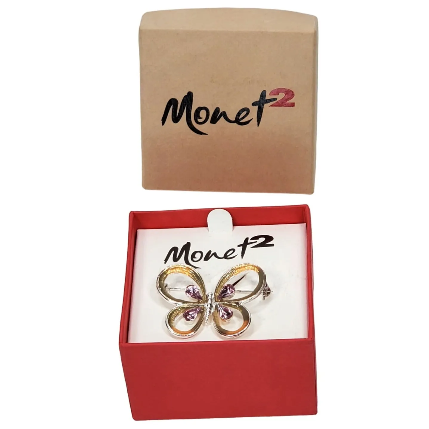 Vtg Monet 2 Brooch Butterfly Purple Rhinestones Enamel Silver Tone Pin NIB Retro - Image 2