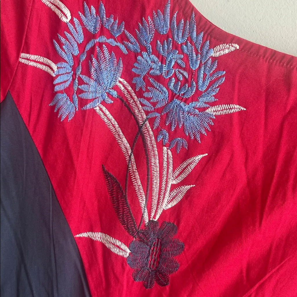 eShakti Red Floral‎ Embroidered Fit & Flare Cotton Spandex  Midi Dress - Image 4