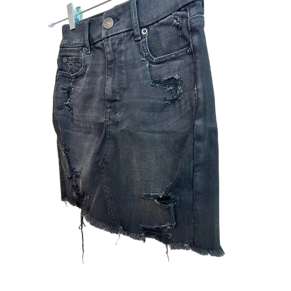 American Eagle Curvy High Rise Mini Black Distressed Jean Skirt  Size: 0 (XS) - Image 4