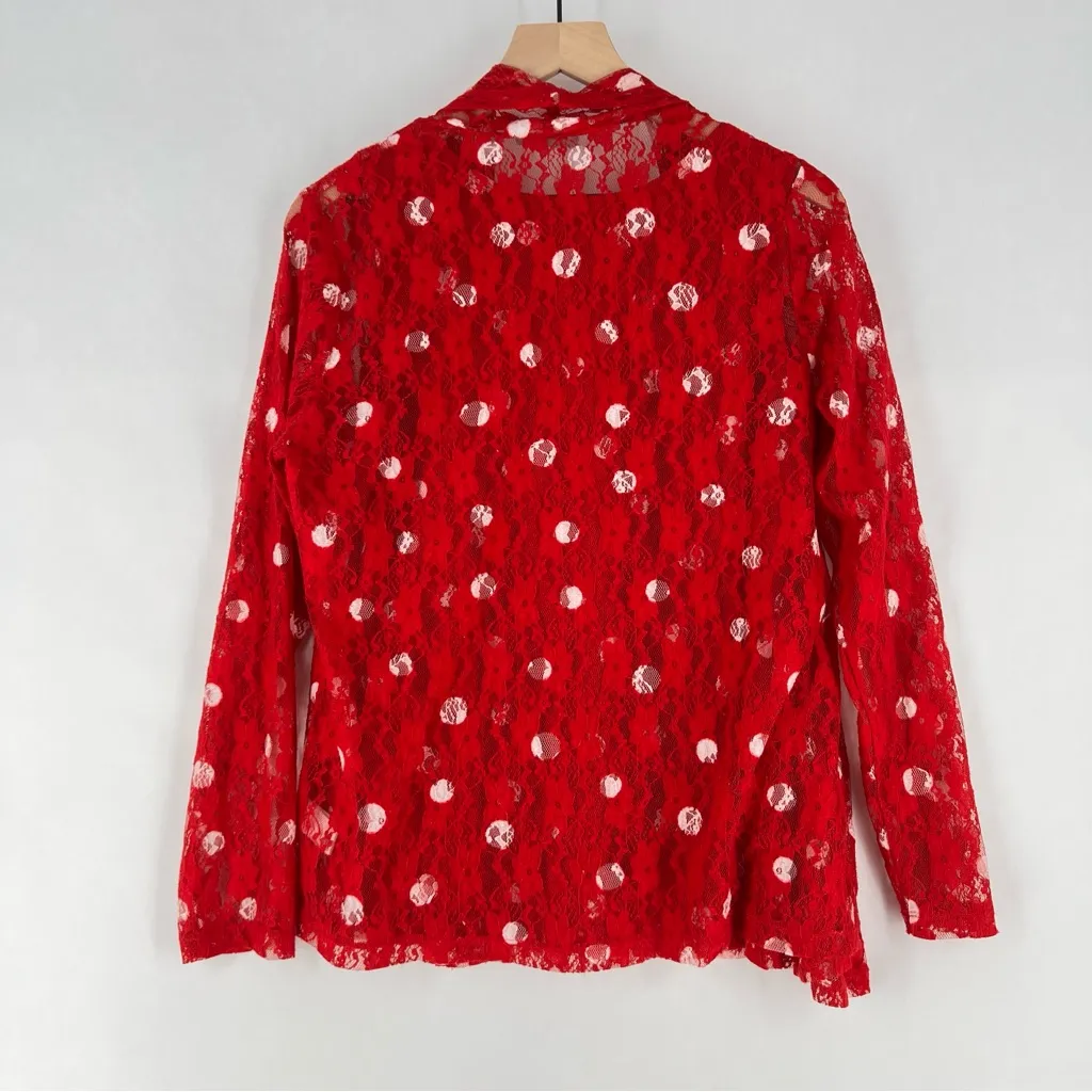 Susan Graver Red Lace White Polka Dot Scoop Neck Tank Sheer Open Cardigan Set - Image 7