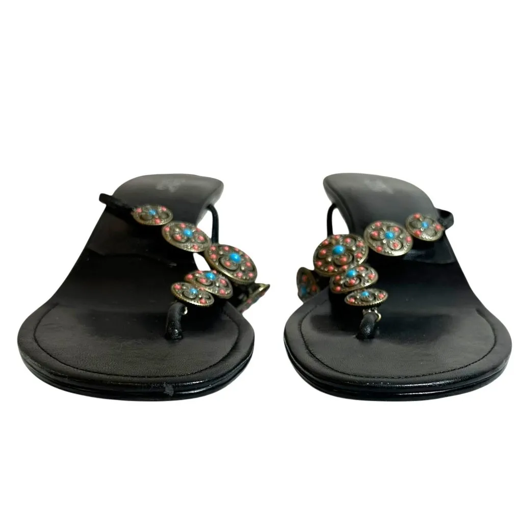 Franco Sarto Black Leather Concha Medallion Thong Kitten Heel Sandals Size 9.5 M - Image 4