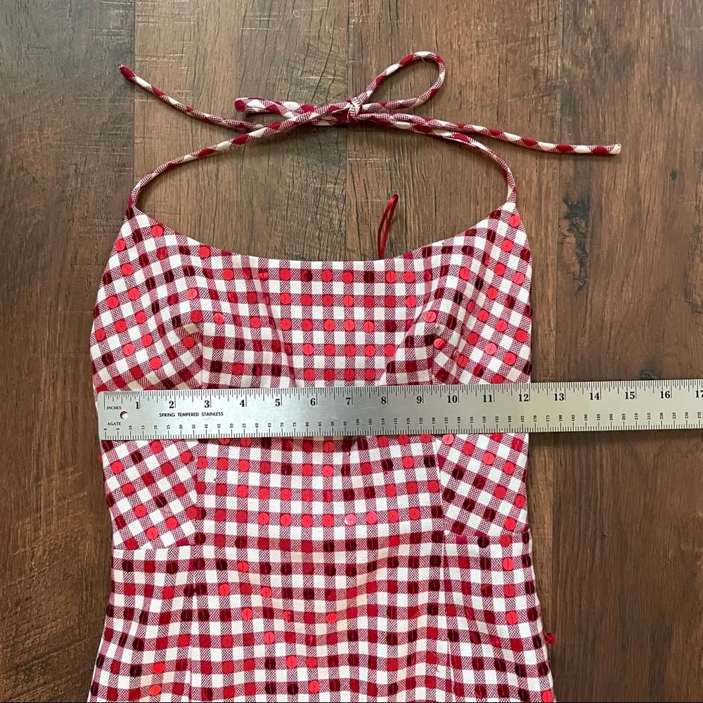 MOSCHINO red/ecru gingham, sequins halter dress, size US 8/IT 42, made in Italy - Image 9