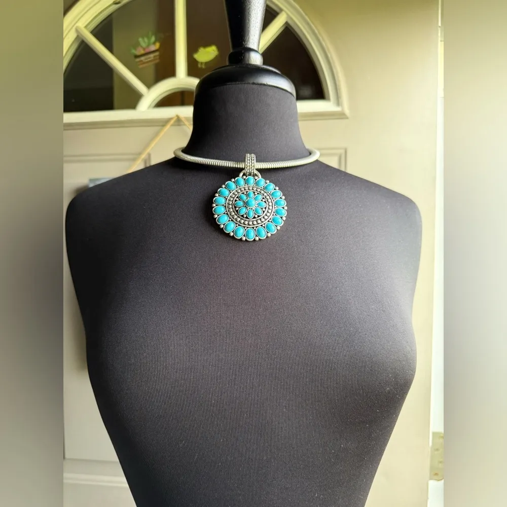 Vintage Y2K western turquoise choker slink necklace Silver - Image 3