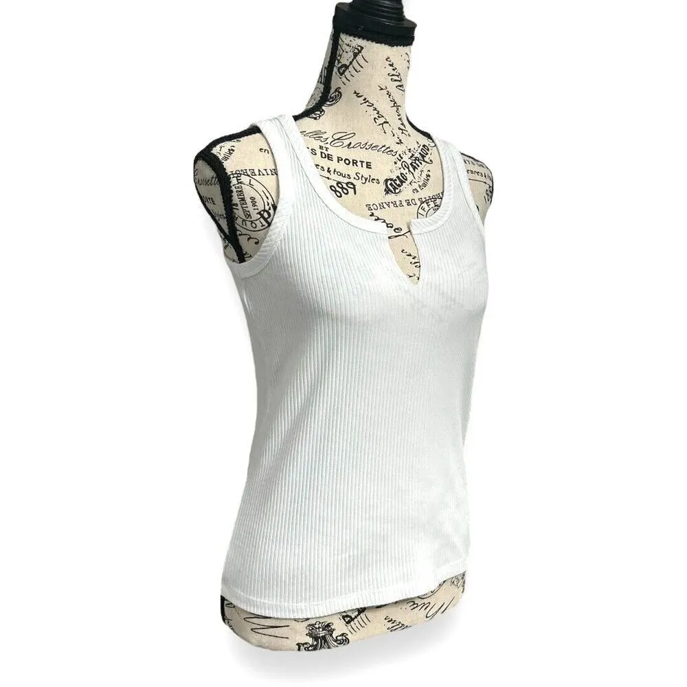 Articles Society S NWT White Ribbed Cotton Tank Top‎ Slit Neck Summer Sleeveless - Image 4