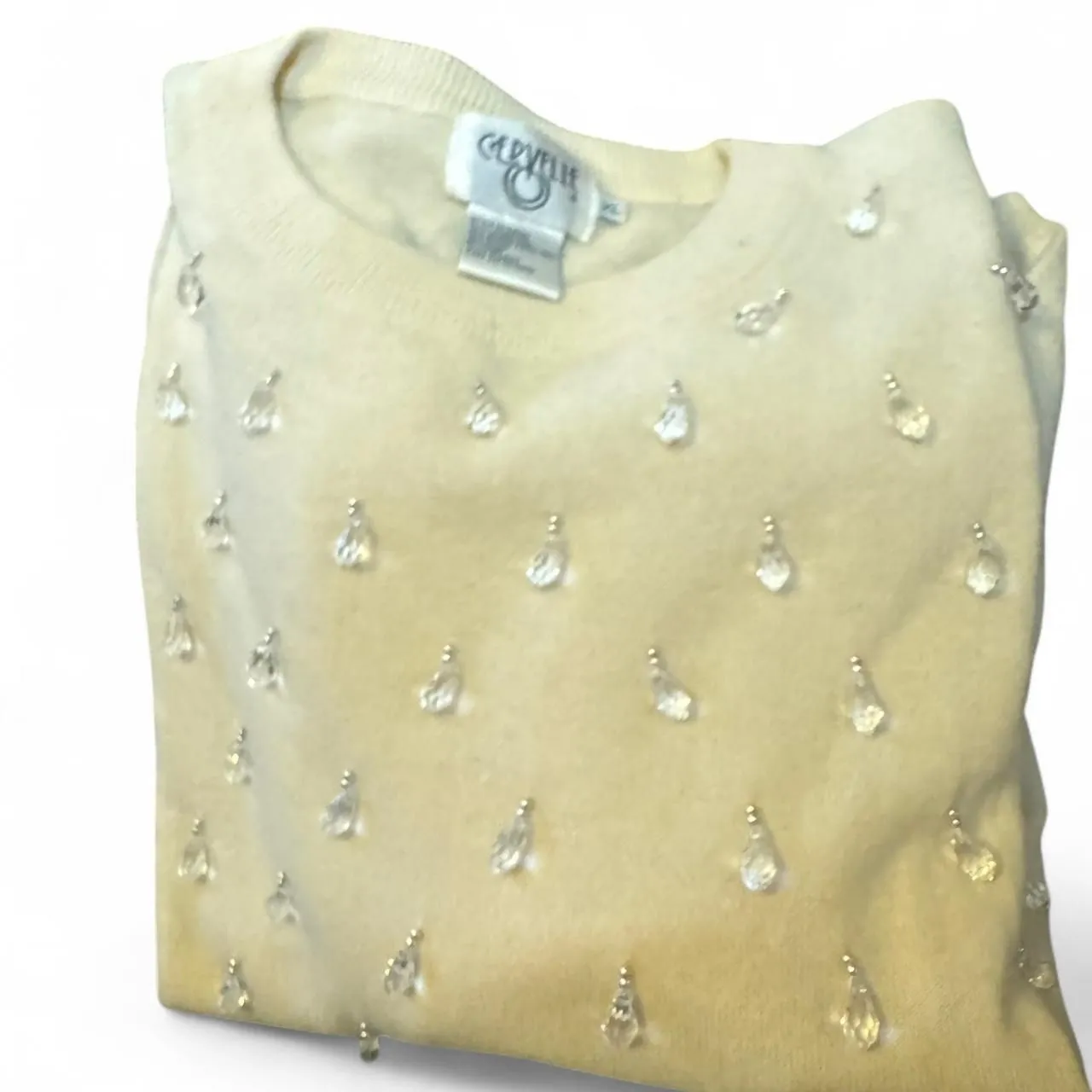 Cervelle Cream Beaded Sweater XL Angora Lambswool Blend Vintage Bead Embellished Silver - Image 2