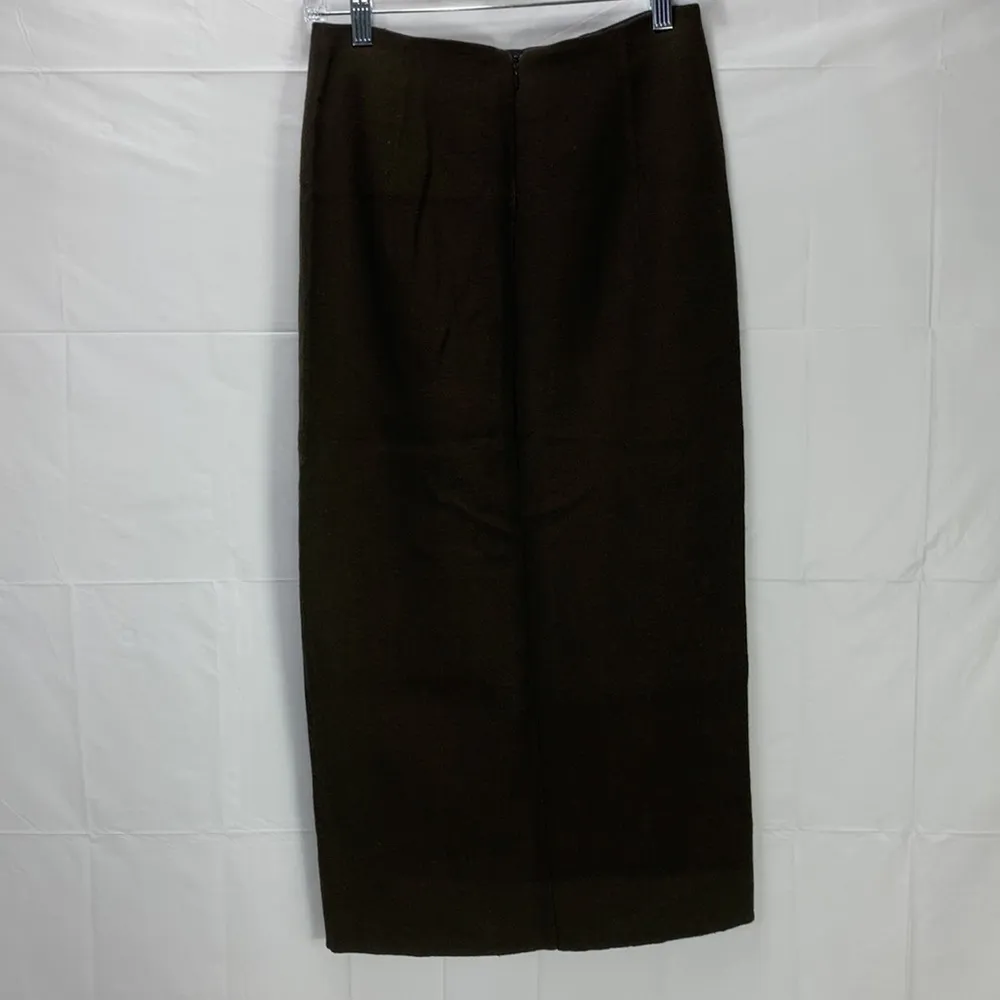 Donna Karan 100 Wool Deep Olive Green Midi Pencil Skirt with Slit Size 6 - Image 4