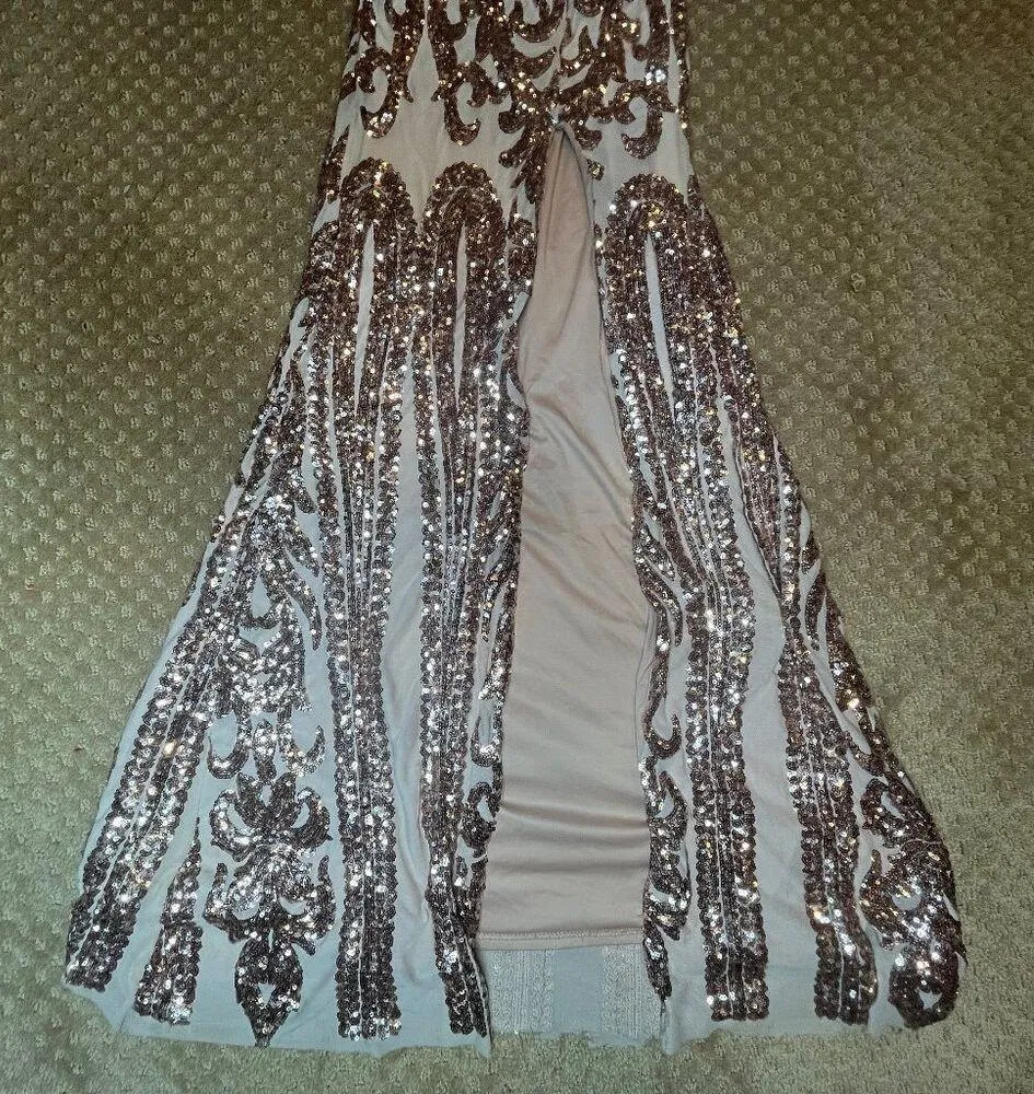 Agaci Gold Sequin High Slit Fitted Gown SZ L 8/10 Formal Gala Prom Stretchy - Image 4