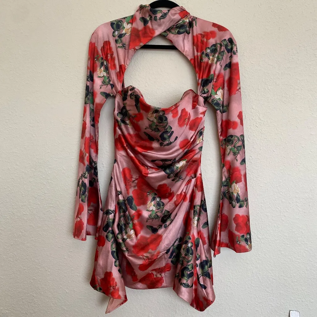 House of CB ‘Toira’ Satin Rose Print draped corset mini dress NWOT‎ size XS - Image 6