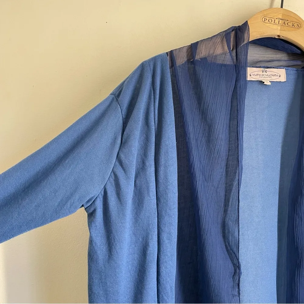 Muche et Muchette Open Front Drape Cardigan Blue Sheer Collar One Size (XS - Image 3