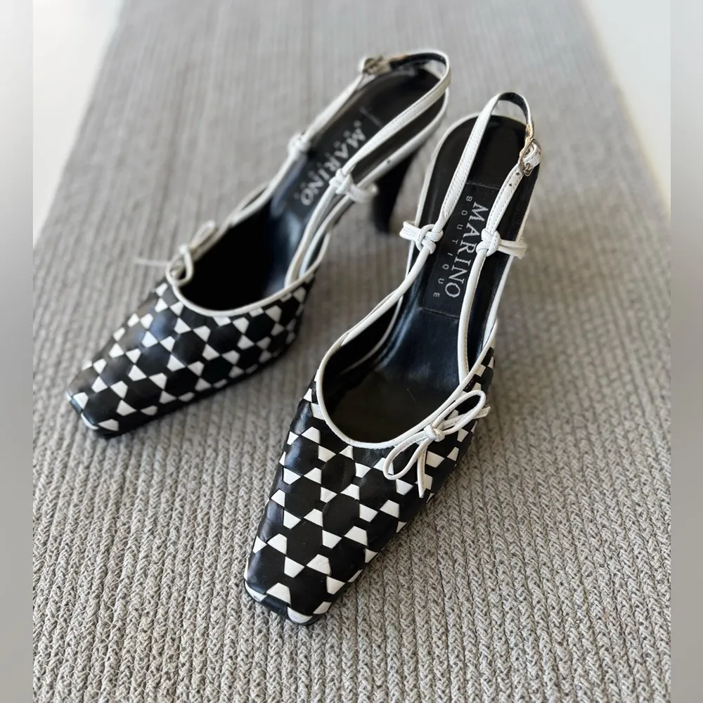 Vtg 90’s Marino Boutique Black White Geometric Square Toe Slingback Heels Sz 8 - Image 3
