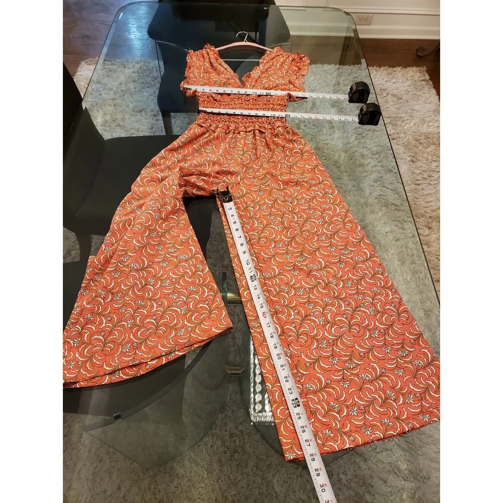 Max Studio Romper Women Large Orange Floral Smocked Waist Ruffle Trim V Neck - Image 16