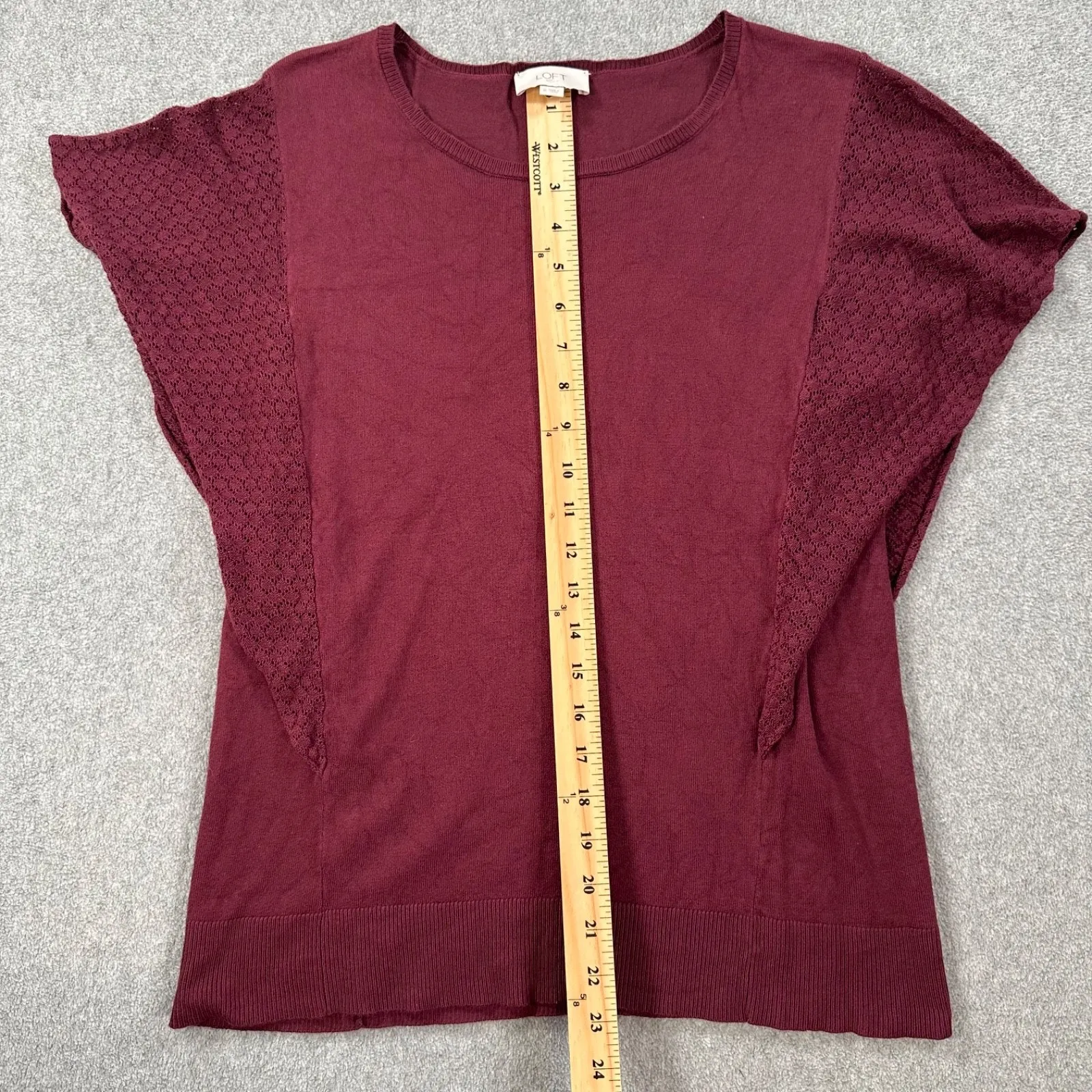 LOFT Outlet Burgundy Lace Sleeve Sweater Top Women's Medium Knit Crew Neck - Image 4